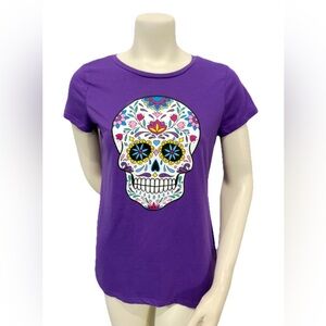 Purple Sugar Skull Graphic Tee Bobbie Brooks Medium Day of the Dead